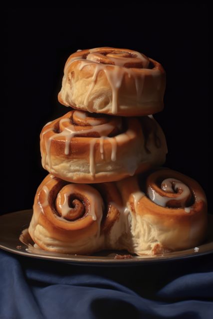 Cinnemon rolls with icing on plate on black background, created using generative ai technology. Sweet food, treat and bakery confection concept digitally generated image.