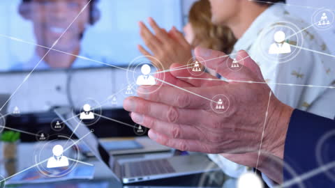 Diverse Business Team Applauding with Digital Connection Overlay