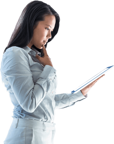 Focused asian businesswoman using tablet on transparent background