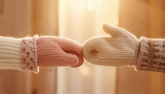 Knit mitten fingertips touching in golden backlight, cozy pink and cream winter connection