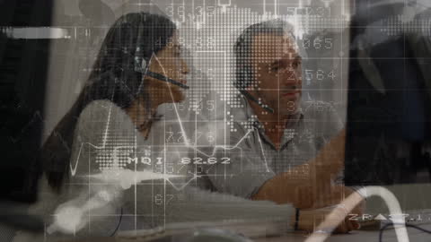 Business Professionals Analyzing Financial Data with Headsets