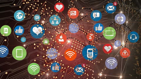 Digital Network of Technology Icons and Circuit Connections