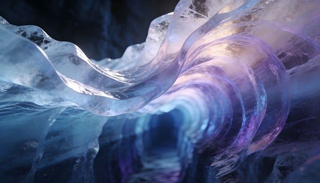 Glowing crystal ice tunnel refracting and bending light through ethereal glacier cavern
