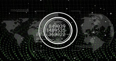 Futuristic Digital Interface with World Map and Binary Code