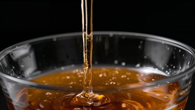 Pouring golden whiskey into lowball glass forming glossy droplets and amber reflections