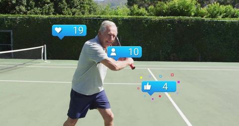 Elderly Athlete Engages in Modern Sport Activities with Social Media Icons