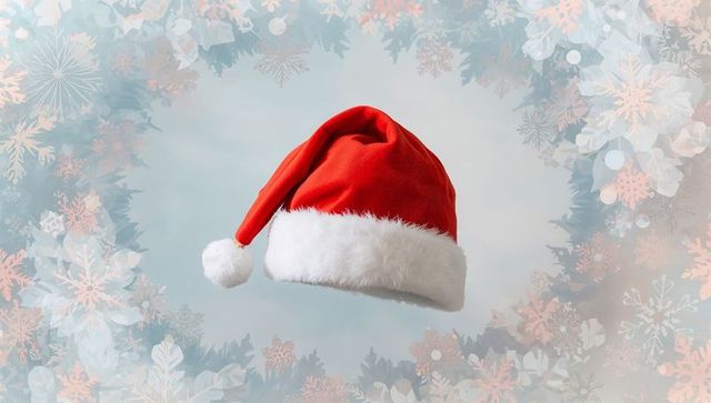 Floating Santa Hat with White Faux-Fur Trim and Snowflake Border for Festive Holiday Cards