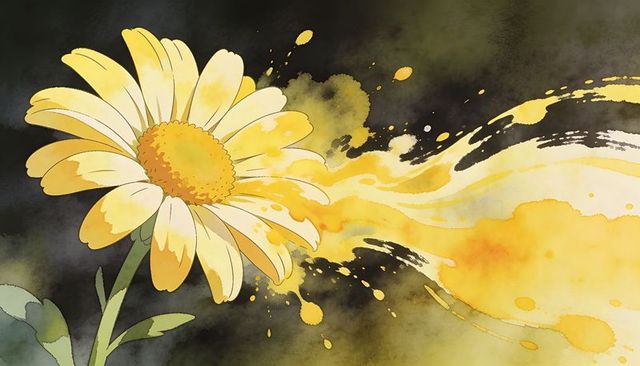 Golden daisy streaming watercolor and ink splash on dark moody background for prints