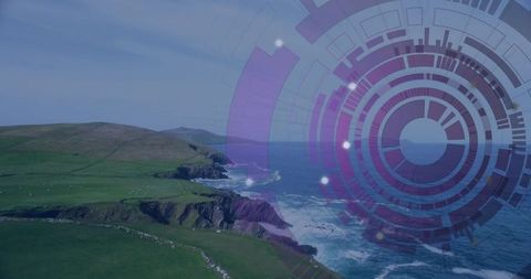 Coastal cliffs and meadow with futuristic purple hud overlay, ocean waves crashing