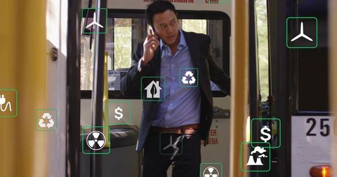 Businessman talking on smartphone while boarding bus, augmented reality icons overlaying transit