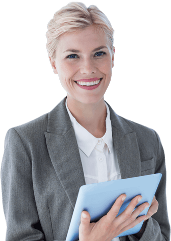 Transparent Smiling Businesswoman Holding Tablet for Corporate Use