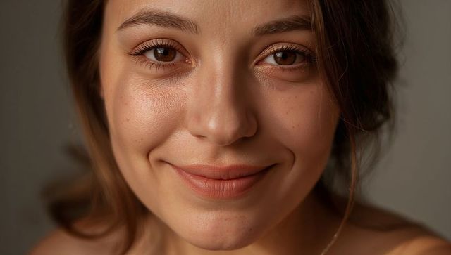 Closeup portrait of young woman smiling and gazing, warm studio light, natural skin