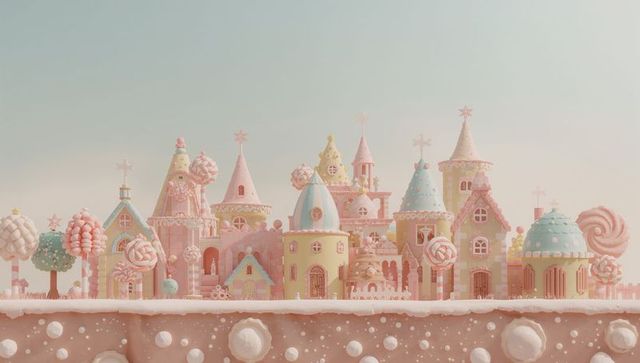 Pastel candy village gleaming on cake platform with lollipop turrets and sprinkles