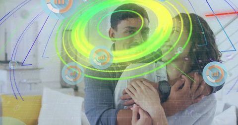 Couple Embracing on Sofa with Digital Data Overlay