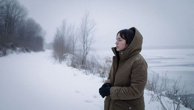 Young woman standing on snowy shoreline gazing at frozen lake wearing parka and gloves