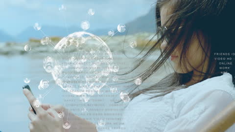 Woman Using Smartphone with Futuristic Global Network Hologram