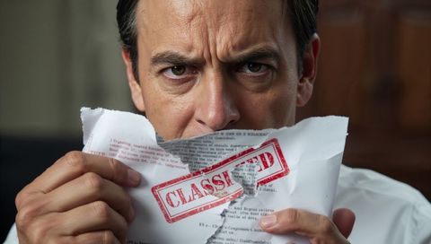 Middle-aged man tearing classified document, glaring intense, confidential leak concept
