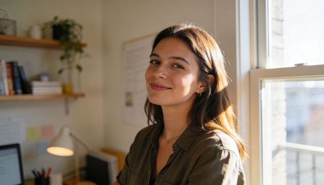 Smiling woman working in sunlit home office with laptop and books, minimalist workspace