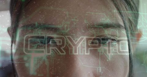 Asian woman looking through windshield with green crypto hud overlay conveying cyber privacy