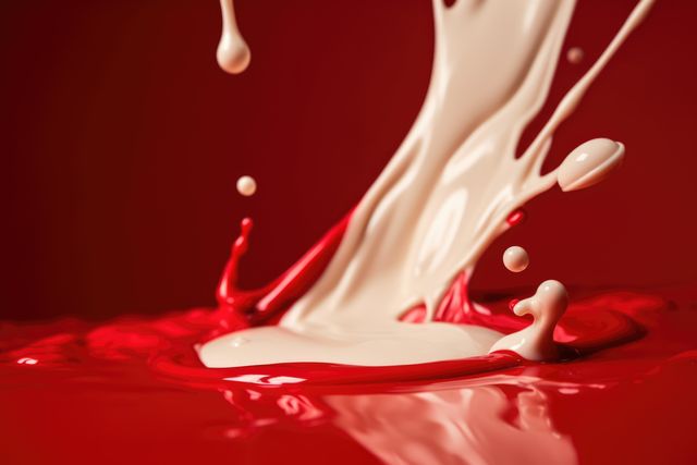 Close up of white and red liquid splashing on red background created using generative ai technology. Liquid and colour concept digitally generated image.