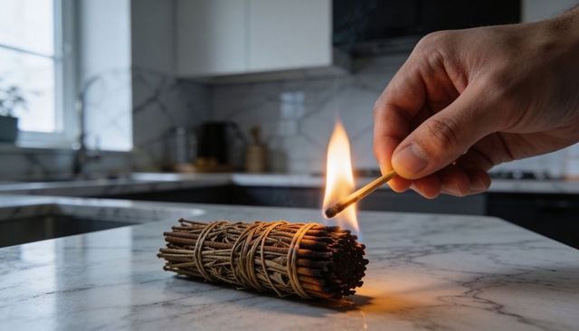 Lighting sage smudge stick on marble countertop in minimalist modern kitchen with match