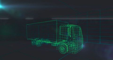 Wireframe 3D Model of Futuristic Truck in Digital Environment