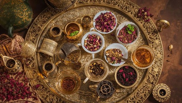Brass tray showcasing moroccan tea ritual with spices, rose petals, saffron, ornate metalware