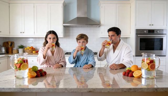Family morning routine drinking citrus infused water in bathrobes at bright kitchen island