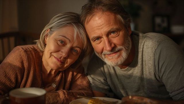 Senior couple leaning together smiling over cozy breakfast table sharing morning tea