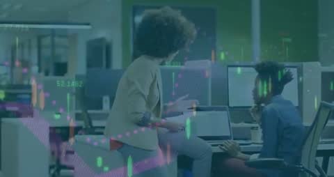 Business Colleagues Collaborating on Data Overlaid with Infographic