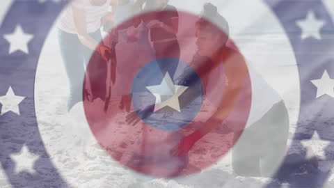 Diverse Volunteers Beach Clean Up with EU Flag Overlay