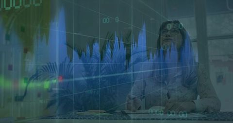 Woman writing notes at desk with stock market chart overlay for data-driven insights
