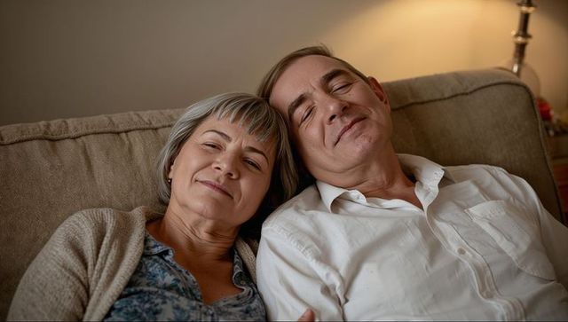 Mature couple relaxing on sofa sharing cozy evening together under warm lamp light