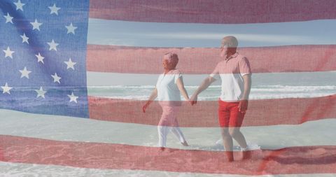 Senior Couple Walking on Beach with USA Flag Overlay