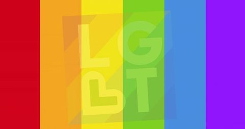 Minimalist vertical pride rainbow graphic with frosted square overlay and yellow lgbt letters