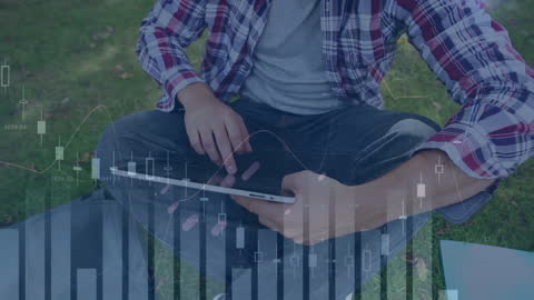 Person Engaging with Financial Technology in Urban Green Space