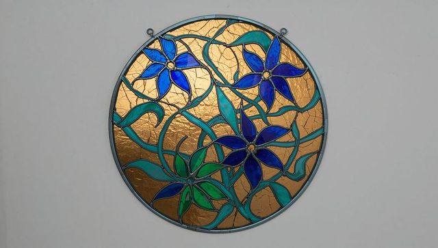 Artisanal Stained Glass Panel with Blue Flowers on Gold Background