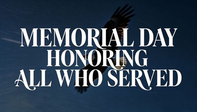 Soaring bald eagle behind memorial day serif headline honoring all who served at twilight