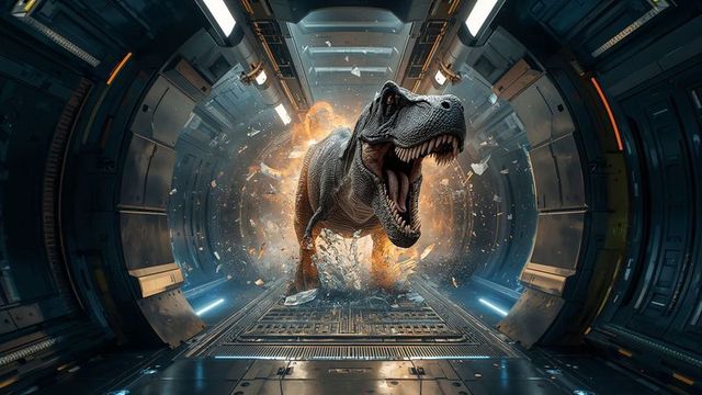 Tyrannosaurus Rex Emerging in Futuristic Spaceship Corridor