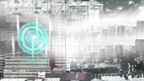 Digital Clock Interface Over Urban Skyline