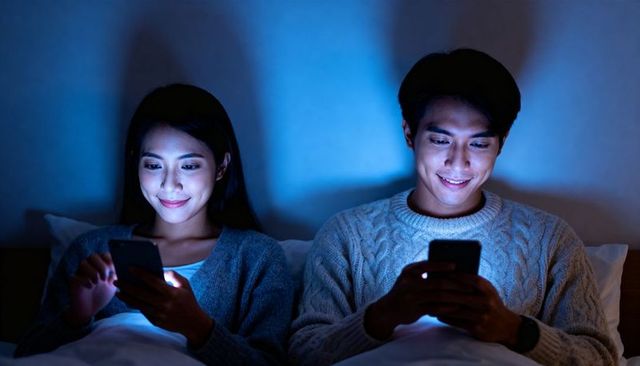 Couple in bed smiling and scrolling smartphones under blue night glow for intimate tech