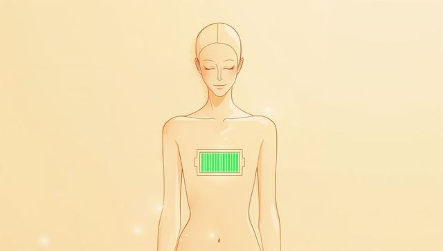 Meditating woman with glowing green battery on chest symbolizing inner energy recharge