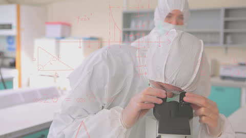 Scientists in Protective Gear Using Microscope with Math Animations