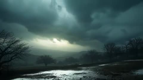 Storm clouds rolling over rural hills with reflective puddles and silhouetted bare trees