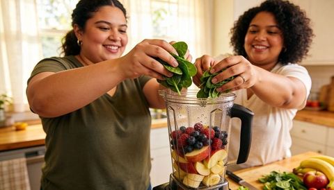 Two women making vibrant green fruit and spinach smoothie in bright sunlit home kitchen