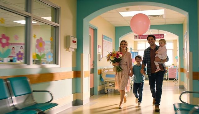Smiling family walking pediatric hospital corridor carrying bouquet and pink balloon