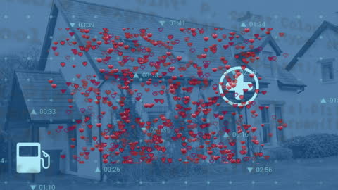 Data Processing Animation with Hearts Overlaying House
