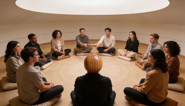 Group practicing guided baton passing in circular meditation room with skylight