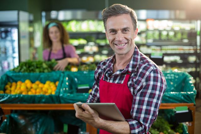 Portrait of smiling staff using digital tablet in organic section of supermarket