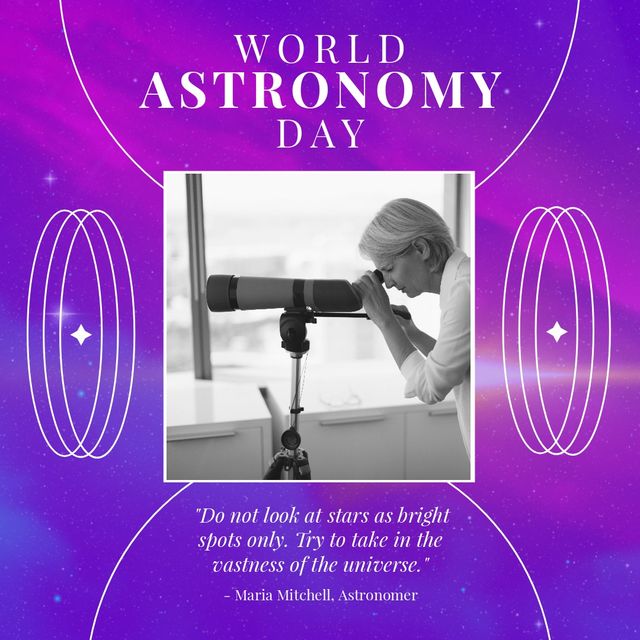 Displayed in a vibrant cosmic background, a Caucasian woman looks through a telescope, emphasizing the theme of World Astronomy Day. The image features an inspirational quote by Maria Mitchell, encouraging people to appreciate the universe's vastness. Ideal for promoting astronomy events, educational materials, inspirational posts, or celebrating space exploration and scientific curiosity.